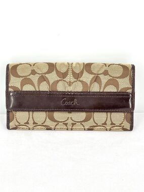 Coach Signature Canvas Khaki Jacquard Brown Leather Trifold Snap Closure Wallet